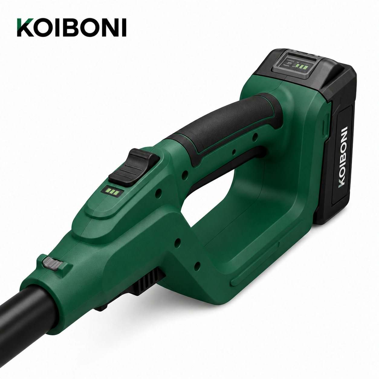 KOIBONI TrimMaster 20V PowerCut cordless hedge trimmer with dual blades, ergonomic handle, and compact design for easy trimming.