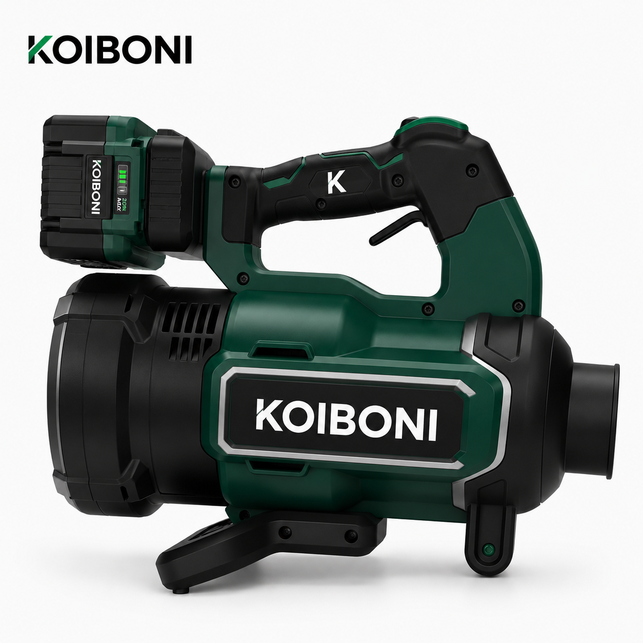KOIBONI AeroBlast 18V cordless leaf blower with a compact design, shown in a close-up shot ready for outdoor yard cleanup.