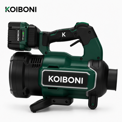 KOIBONI AeroBlast 18V cordless leaf blower with a compact design, shown in a close-up shot ready for outdoor yard cleanup.