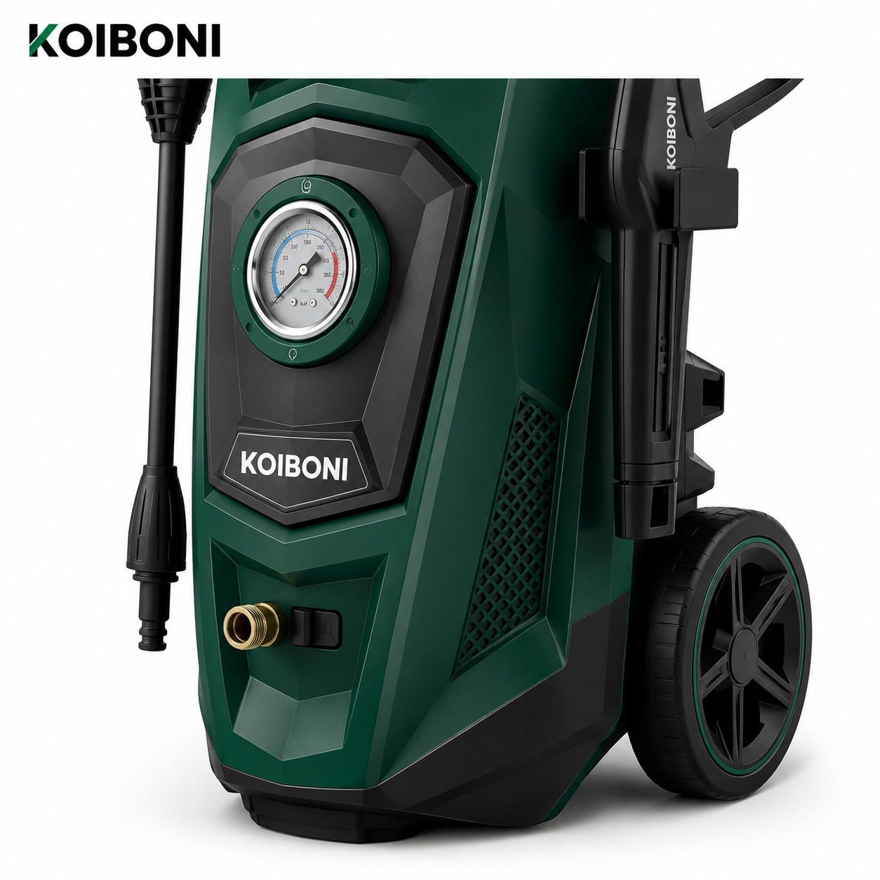 KOIBONI PowerFlow 1800W high-pressure washer with adjustable nozzle and durable design for cleaning outdoor surfaces.