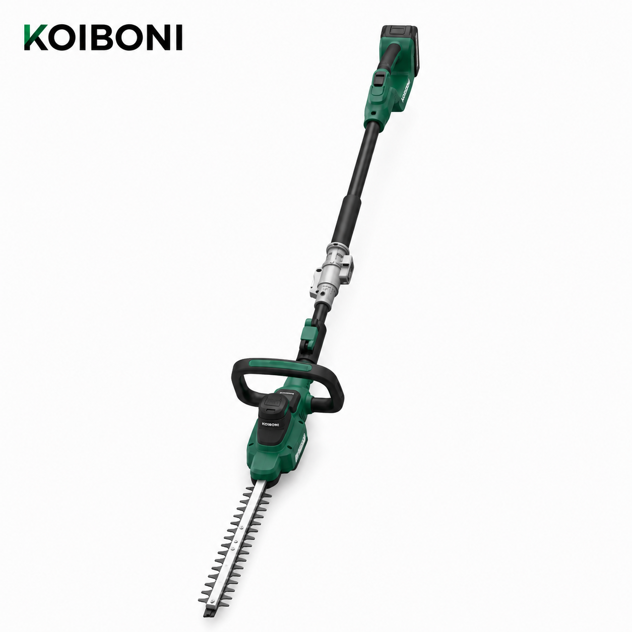 KOIBONI TrimMaster 20V PowerCut cordless hedge trimmer with dual blades and ergonomic handle for precise garden hedge trimming.