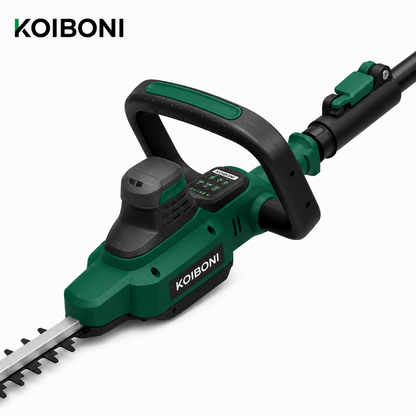 KOIBONI TrimMaster 20V PowerCut cordless hedge trimmer with dual blades for precise garden hedge trimming.