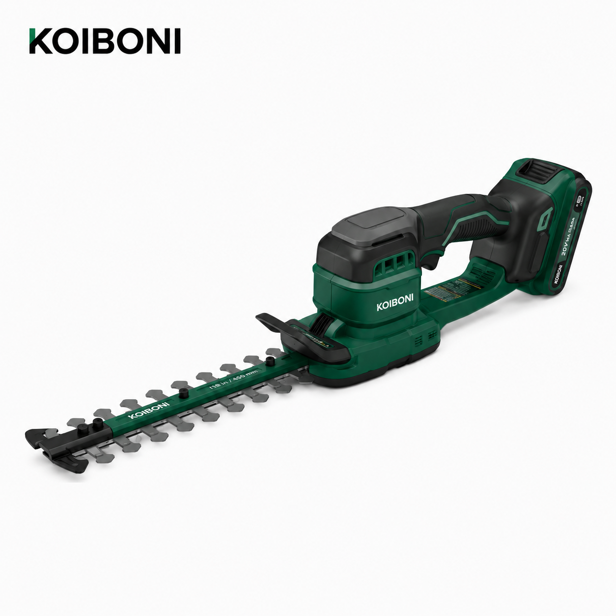 KOIBONI TrimPro 25V cordless hedge trimmer with dual blades and ergonomic handle for trimming shrubs and bushes.
