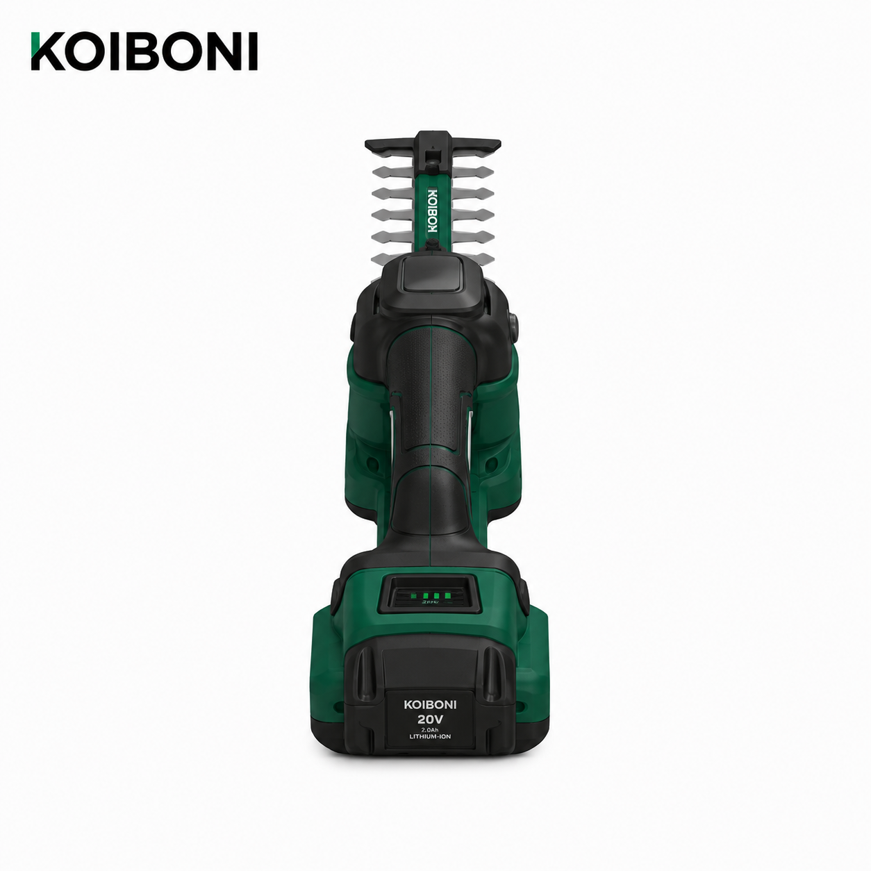 KOIBONI TrimPro 25V cordless hedge trimmer with dual blades and ergonomic handle, ready for garden trimming tasks.
