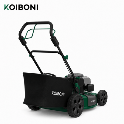 KOIBONI TurfMaster 20-inch 185cc power lawn mower with 3-in-1 functionality, shown in a garden setting.