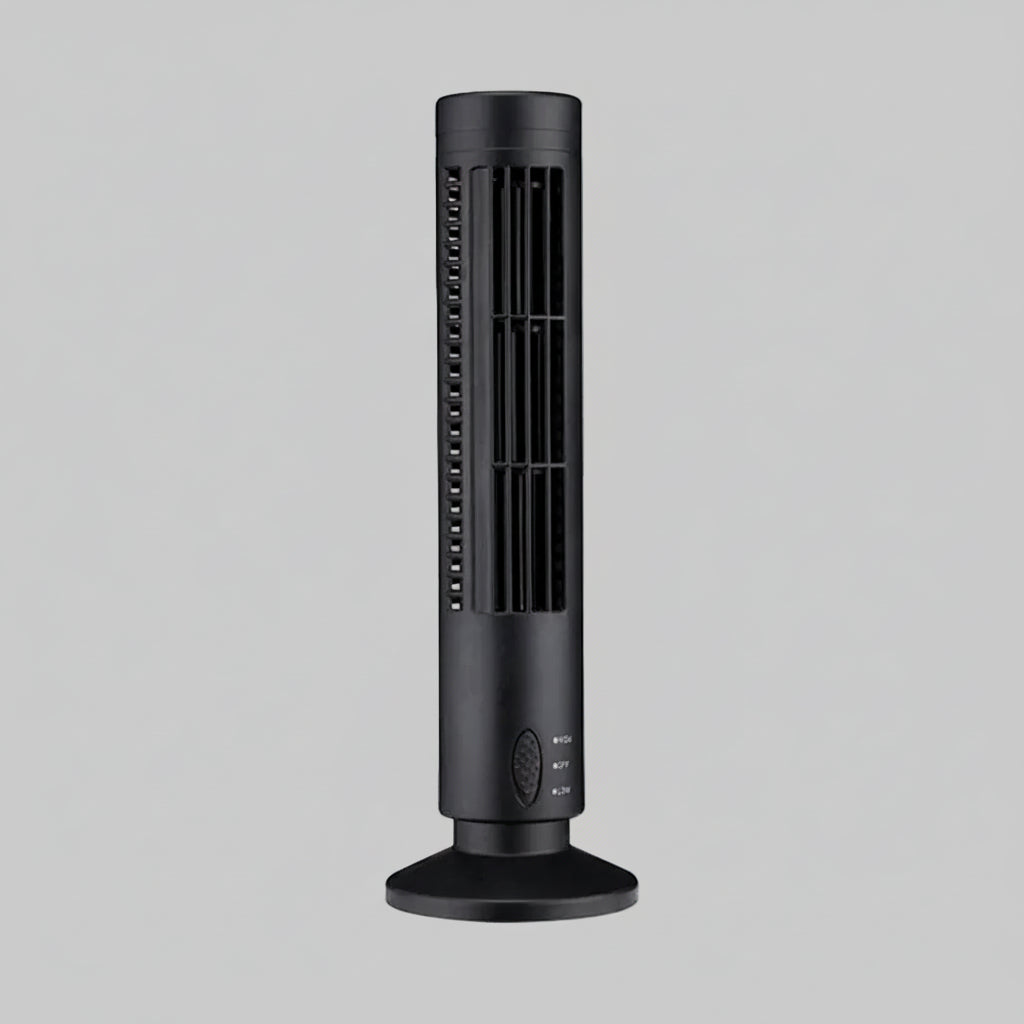 Black tower fan with measurements on a white background