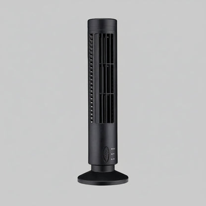 Black tower fan with measurements on a white background