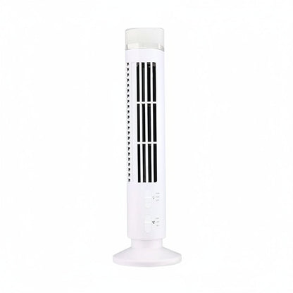 A white tower fan shown on a plain white background with dimension labels indicating a height of 38 cm (14.96 inches) and a base width of 10 cm (3.